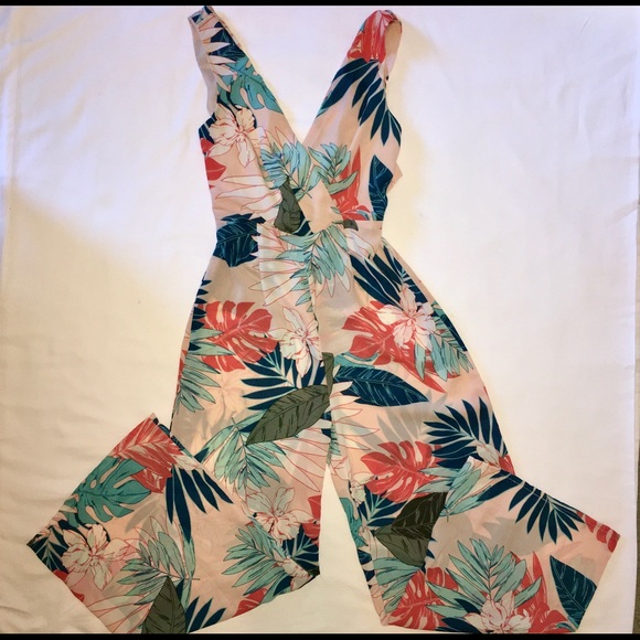 Tropical Palm Floral Pink Silky Palazzo Jumpsuit - Picture 2 of 4
